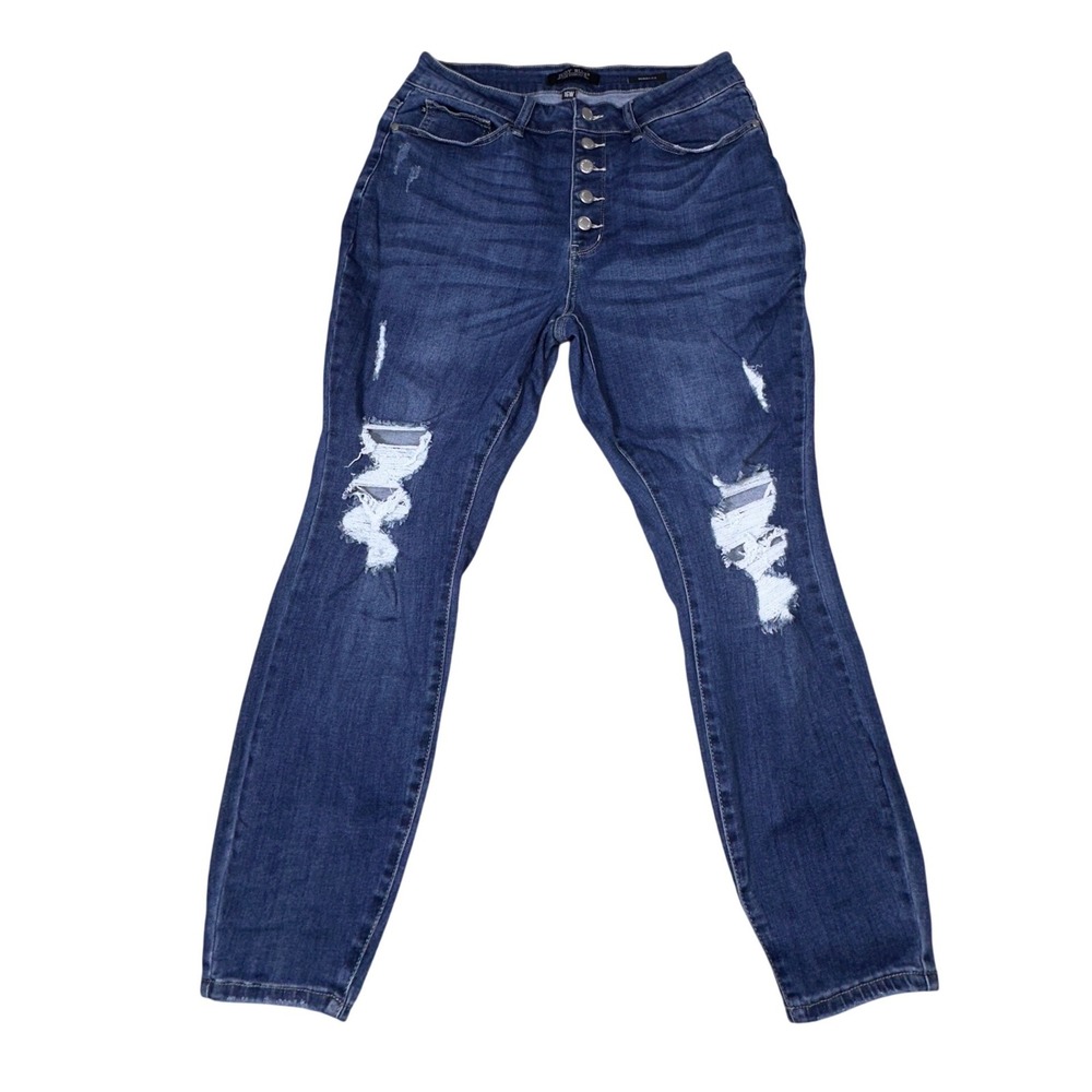 Judy Blue 16W Skinny Jeans Dark Wash‎ Distressed Ripped Button Fly High Rise - Picture 6 of 7